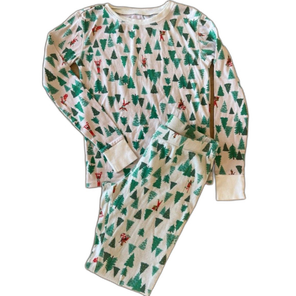 sz 10/12 Old Navy Green Beige Elf Skiing Playing Christmas Tree Pajamas Kid PJs - Picture 1 of 1